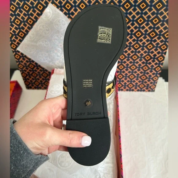 Tory Burch Miller Printed Patent Sandal Natural Leopard Size 5 Tan Brown Black